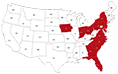 Map of the US with Iowa, Indiana, Ohio, New York, Virginia, North Carolina, South Carolina, Georgia, Florida, and Pennsylvania highlighted.