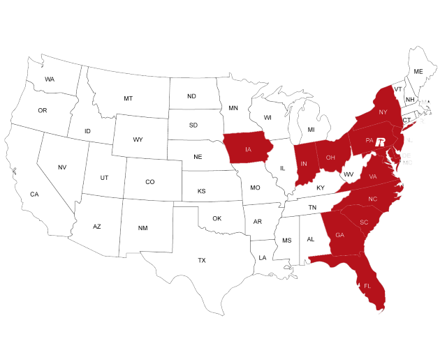 Map of the US with Iowa, Indiana, Ohio, New York, Virginia, North Carolina, South Carolina, Georgia, Florida, and Pennsylvania highlighted.